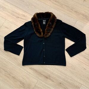 Willi Smith Merino Wool Black Button Down Cardigan Sweater Faux Fur Collar SizeL